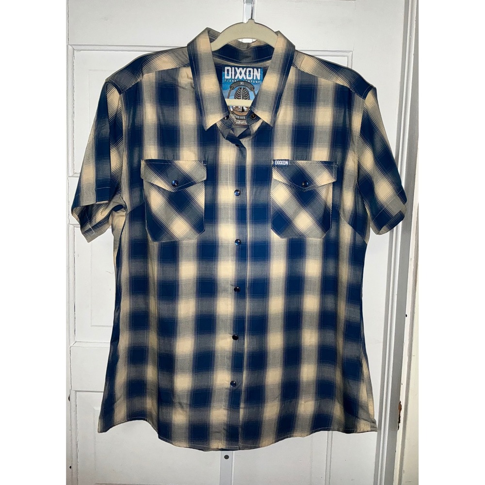 Dixxon Flannel Co The Stern Shirt XL Blue Cream Plaid Bamboo Blend Short Sleeve